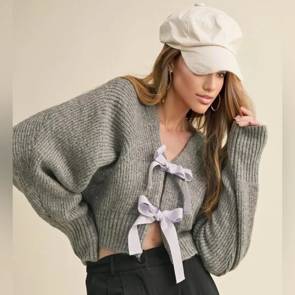 New-  Small  Gray Knit Sweater
Lavender Bow Accents
Night Out-Office 
Oversized - Picture 3 of 6